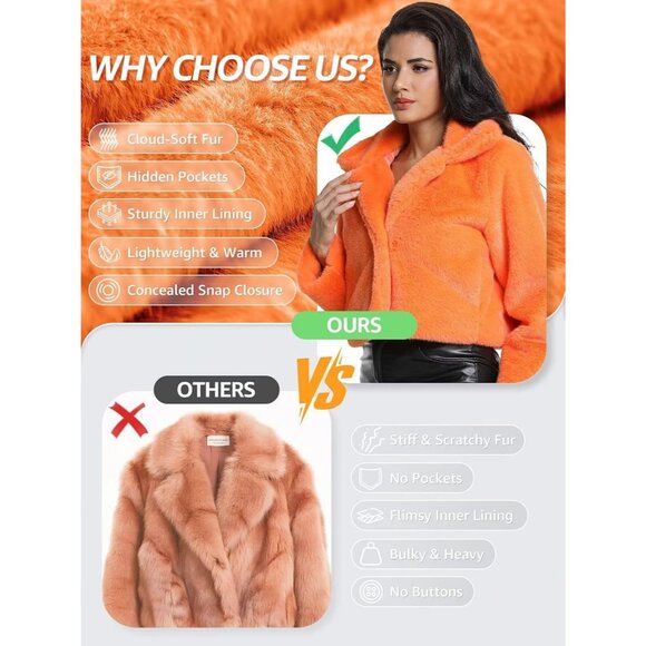 Women's Cropped Faux Fur Jacket with Hidden Pocket and Buttons Plush Coat Orange - Picture 2 of 6
